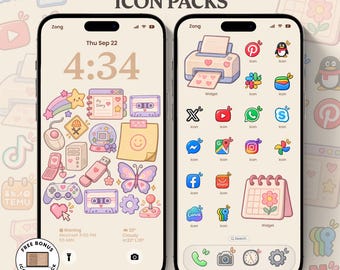 May include: Two smartphones displaying a digital interface with the text 250+ HAPPY PASTEL ICON PACKS. The screens feature a collection of pastel-colored icons, widgets, and wallpapers including a printer, butterfly, cassette tapes, and various social media logos.