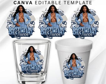 Denim And Diamonds Birthday Sticker, Styrofoam Cup Sticker, Shot Glass, All Zodiac Signs, T-Shirt Design, Canva Template, Instant Download