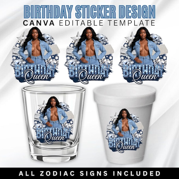 Denim And Diamonds Birthday Sticker, Styrofoam Cup Sticker, Shot Glass, All Zodiac Signs, T-Shirt Design, Canva Template, Instant Download