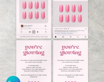 May include: A digital display featuring pink press-on nails, presented in a social media style. The image includes the text "Glossy Pink Set" and "You're Glowing". The design also includes instructions for use and care.