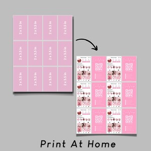 May include: A printable sheet with a grid layout for creating Instagram post templates. Each template is 2 x 3.5 inches and features a pink background with a QR code and the text "Beauty Lounge".