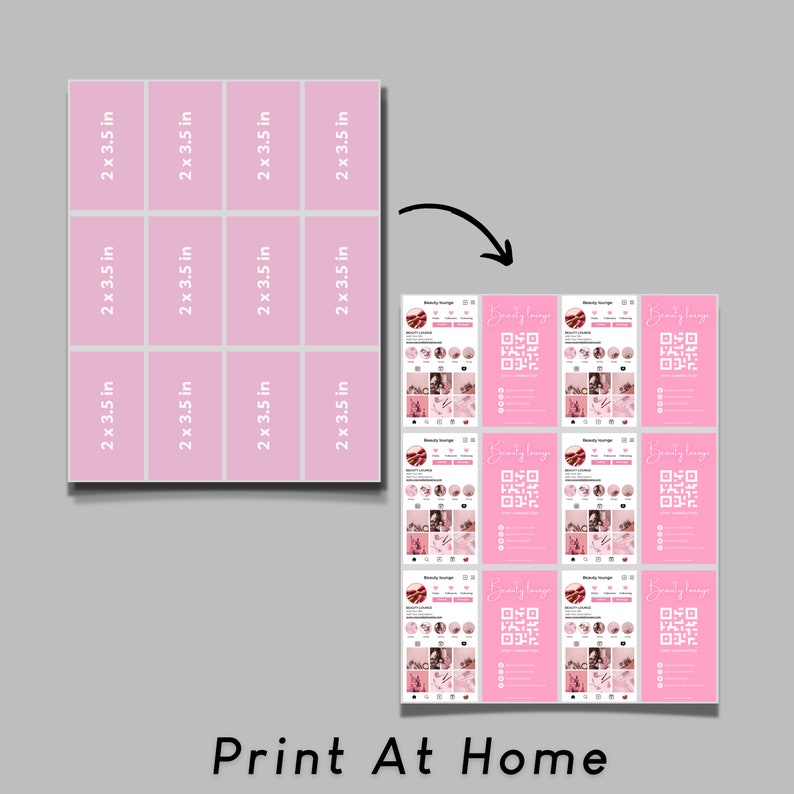 May include: A printable sheet with a grid layout for creating Instagram post templates. Each template is 2 x 3.5 inches and features a pink background with a QR code and the text "Beauty Lounge".
