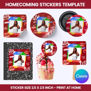 May include: A template for homecoming stickers featuring a photo of a woman, Google search bar, and the text "404 Not Found On Friday." The design includes red lips, hearts, and the words "Homecoming Queen" and "XOX." The sticker size is 2.5 x 2.5 inches.