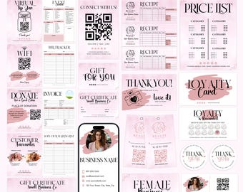 May include: A 35+ small business bundle featuring various printable templates in a soft pink watercolor theme. Includes price lists, loyalty cards, receipts, gift certificates, QR code signs, invoices, and social media marketing materials.