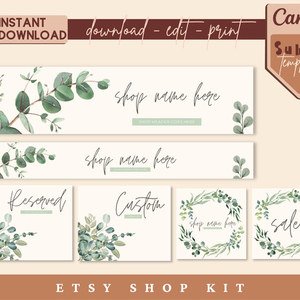 Christmas Etsy shop banner, Etsy shop kit, Etsy shop graphics icon, Banner template, Editable banners, Etsy banners DIY, Watercolor greenery