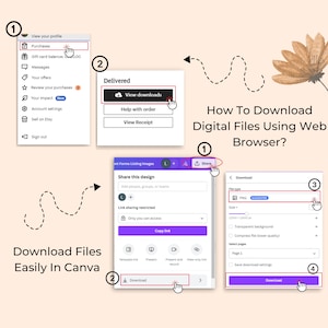 May include: A step-by-step guide on how to download digital files using a web browser. The guide shows how to download files from Etsy, Canva, and other online platforms. The guide includes screenshots of the download process.