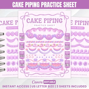Puede incluir: Una hoja de práctica de decoración de pasteles en color morado claro con diversas técnicas de glaseado, incluyendo bordes de concha, cuerdas trenzadas y tejidos de cesta. Incluye etiquetas para boquillas y un diseño editable en Canva.