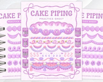 May include: A light purple cake piping practice sheet featuring various frosting techniques, including shell borders, twisted ropes, and basket weaves. The document includes text labels for piping tips and a Canva editable design for US letter size.