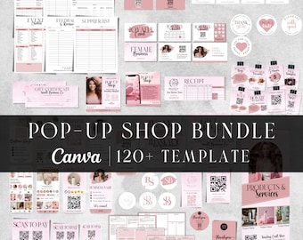 May include: A pink and white Canva template bundle for pop-up shops. The bundle includes over 120 templates for various business needs, such as invoices, receipts, gift certificates, loyalty cards, thank you cards, and more. The templates feature a modern and feminine design with pink and white accents.