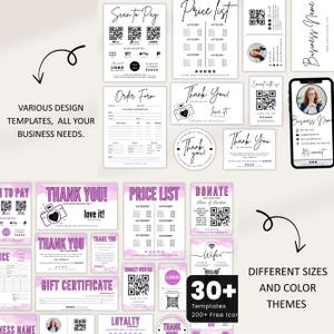 May include: A collection of business templates in various sizes and color themes. Includes "Scan to Pay", "Price List", "Thank You", and "Gift Certificate" designs. The templates feature QR codes, logos, and the text "30+ Templates 200+ Free Icon".