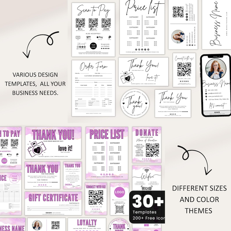 May include: A collection of business templates in various sizes and color themes. Includes "Scan to Pay", "Price List", "Thank You", and "Gift Certificate" designs. The templates feature QR codes, logos, and the text "30+ Templates 200+ Free Icon".