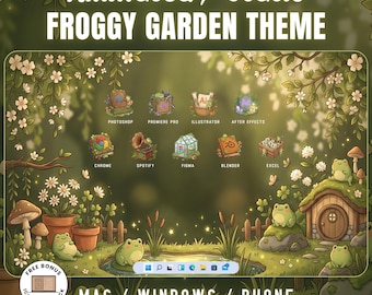 May include: A digital desktop organizer wallpaper set featuring a froggy garden theme with green frogs, mushrooms, and flowers. Includes icons for Photoshop, Premiere Pro, Illustrator, After Effects, Chrome, Spotify, Figma, Blender, and Excel.