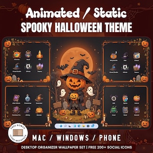 May include: A digital desktop organiser wallpaper set featuring a spooky Halloween theme with a central pumpkin-headed character in a witch hat, surrounded by ghosts, bats, and pumpkins, including various software icons and taskbar elements.