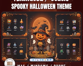 May include: A digital desktop organizer wallpaper set featuring a spooky Halloween theme with a central pumpkin-headed character in a witch hat, surrounded by ghosts, bats, and pumpkins, including various software icons and taskbar elements.