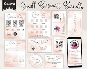 May include: A pink and white digital marketing bundle for small businesses. The bundle includes a scan to pay card, price list, order form, thank you card, connect with us card, and a business card. The cards feature a watercolour background with floral accents.