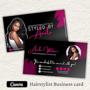 May include: Two black business cards with a pink and white design. The cards feature a photo of a woman with long black hair. Text includes "Styled by Amila" and contact information. The bottom card says "It's wonderful to connect with you!"