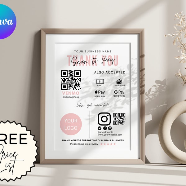 Scan to Pay Sign, QR Code Sign, Payment Sign, Scan to Pay, Custom Business Sign, Salon Sign, Venmo Sign, Payment Method Sign, Download