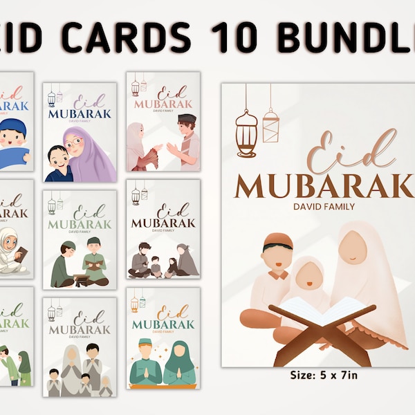 Eid Cards Assorted Pack of 10 | Eid Mubarak Cards Bundle | Greeting Cards for Eid | Bulk Eid Cards| Modern Eid Card | Eid Wish Card| 5"x7"