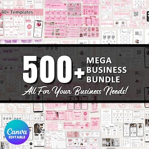 Könnte beinhalten: Eine Sammlung von pinkfarbenen und weißen Geschäftsvorlagen, darunter Preislisten, Geschenkgutscheine und Dankeskarten. Das Bild zeigt den Text "500+ MEGA BUSINESS BUNDLE" und "All For Your Business Needs!" mit dem Canva-Logo.