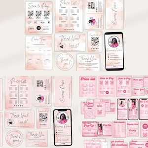 May include: A collection of pink and white business stationery, including price lists, thank you cards, and business cards. The stationery features QR codes, a camera graphic, and the text "Scan to Pay" and "Thank You! Love it!"