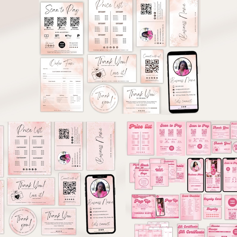 May include: A collection of pink and white business stationery, including price lists, thank you cards, and business cards. The stationery features QR codes, a camera graphic, and the text "Scan to Pay" and "Thank You! Love it!"