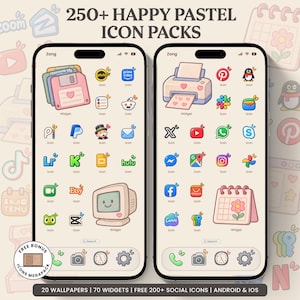 May include: Two smartphones displaying a digital interface with 250+ Happy Pastel Icon Packs. The screens feature custom app icons, widgets including a floppy disk, printer, computer, and calendar, and a search bar on a light cream background.