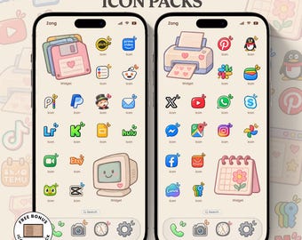 May include: Two smartphones displaying a digital interface with 250+ Happy Pastel Icon Packs. The screens feature custom app icons, widgets including a floppy disk, printer, computer, and calendar, and a search bar on a light cream background.