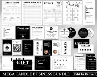 Candle Business Bundle, Editable Candle Care Instructions Labels, Thank You Card, Wax Melt, Invoice, Order Form, Price List, Canva Template