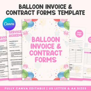 Könnte beinhalten: Vorlage für Ballonrechnungs- und Vertragsformulare. Das Design zeigt ein rosa-weißes Farbschema mit Ballonillustrationen. Der Text "Balloon Invoice & Contract Forms" ist deutlich sichtbar. Die Formulare sind vollständig in Canva bearbeitbar und in US Letter- und A4-Größen erhältlich.