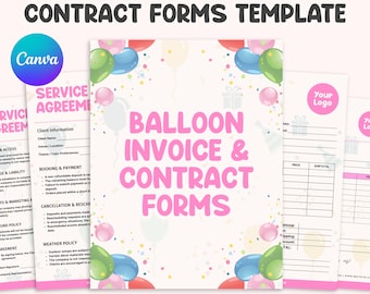 May include: A template for balloon invoice and contract forms. The design features a pink and white color scheme with balloon illustrations. The text "Balloon Invoice & Contract Forms" is prominently displayed. The forms are fully editable in Canva and available in US Letter and A4 sizes.