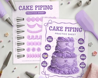 May include: Two cake piping practice sheets with purple text and illustrations of piping techniques. The sheets are surrounded by metal piping tips, purple piping bags, a purple spatula, a metal offset spatula, and small decorative sugar flowers.