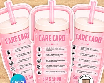 May include: A pink cooler jug can holder care card featuring a straw and handle illustration. The text reads CARE CARD, SIP & SHINE, and includes instructions: do not fill directly, do not drink from the spout, not for hot beverages, no microwave, keep away from sunlight, and hand wash only.