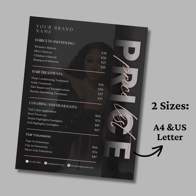May include: A dark gray price list with a woman's image, featuring hair services. The list includes haircuts, hair treatments, coloring, highlights, and hair extensions. The text "PRICE LIST" is displayed vertically. Available in A4 and US Letter sizes.