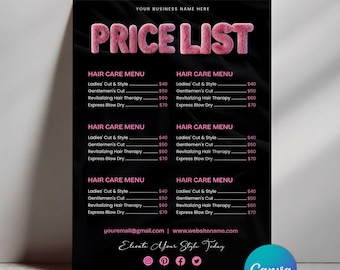 May include: A black price list template with a textured background and pink fuzzy 3D text reading PRICE LIST. It features sections for hair care services including cut, style, and therapy with prices listed in dollars and social media icons at the bottom.