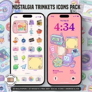 Könnte beinhalten: Zwei Smartphones zeigen ein digitales Icon-Paket mit dem Titel NOSTALGIA TRINKETS ICONS PACK. Die Bildschirme zeigen pastellfarbene Grafiken wie eine Kamera, eine Kassette, eine Spielkonsole und ein Notizen-Widget auf einem rosa Hintergrund.