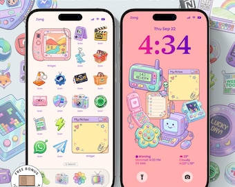 May include: Two smartphones displaying a digital icon pack titled NOSTALGIA TRINKETS ICONS PACK. The screens feature pastel-colored graphics including a camera, cassette tape, handheld game console, and notes widget, with a pink wallpaper background.