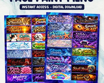 May include: A digital face paint menu featuring two rectangular boards with various themed design options. Each section displays a title and graphic, including Wild Cheetah, Fire Dragon, Cute Kitty, and Skull Head. The text reads FACE PAINT MENU.