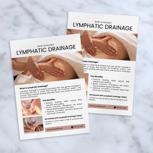 May include: Two white flyers with the text "NOW AVAILABLE LYMPHATIC DRAINAGE" and information about lymphatic drainage. The flyers include images of hands performing the massage technique and list key benefits.