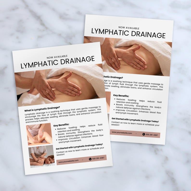 May include: Two white flyers with the text "NOW AVAILABLE LYMPHATIC DRAINAGE" and information about lymphatic drainage. The flyers include images of hands performing the massage technique and list key benefits.