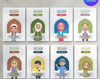 May include: Eight printable Eid money holder cards featuring cartoon children with Arabic text. Each card has a different child and name, such as Ali, Aliza, Noor, Abdul Basit, Fatima, Izhan, Abdul Rehman, and Kainat.