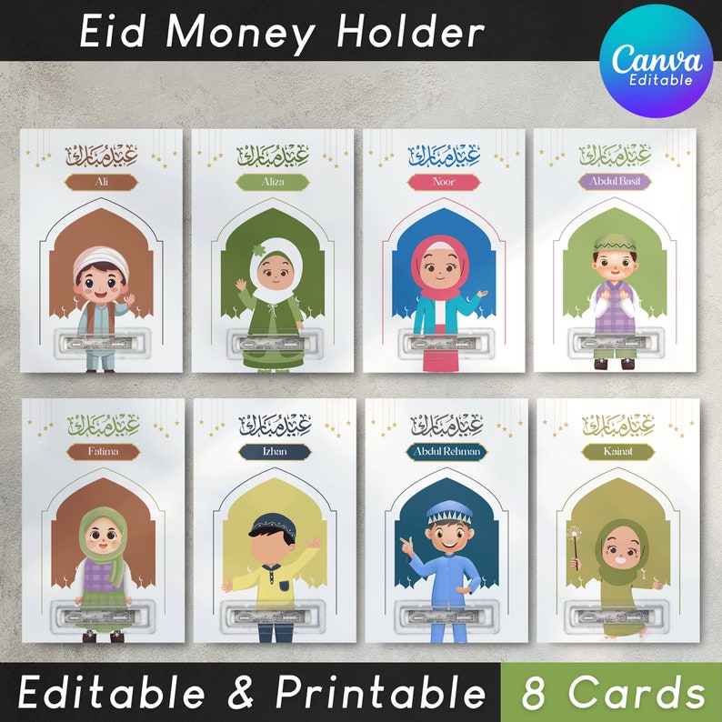 Puede incluir: Ocho tarjetas de portamonedas Eid imprimibles con ni&ntilde;os de dibujos animados y texto &aacute;rabe. Cada tarjeta tiene un ni&ntilde;o y un nombre diferentes, como Ali, Aliza, Noor, Abdul Basit, Fatima, Izhan, Abdul Rehman y Kainat.
