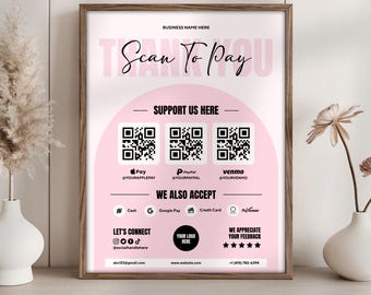 May include: A rectangular sign in a wooden frame featuring a light pink background with the text "THANK YOU" and "Scan To Pay". It includes three QR codes for Apple Pay, PayPal, and Venmo, along with icons for various payment methods and social media.