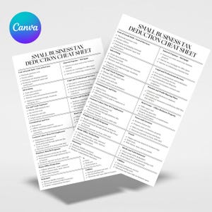 May include: A black and white printable cheat sheet with the title "Small Business Tax Deduction Cheat Sheet". The sheet lists various tax deductions for small businesses, including cost of goods sold, advertising, car and truck expenses, legal and professional services, rent/lease, taxes and licenses, travel, meals and entertainment, and utilities.