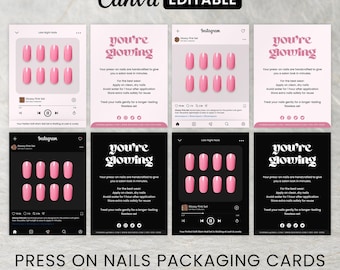 May include: Press-on nail packaging cards with a pink nail design. The cards are 3" x 4" and feature the text "you're glowing" and "Canva EDITABLE". The cards are designed for instant access.