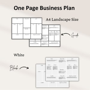 May include: A black and white one-page business plan template in A4 landscape size. The template is divided into nine sections with headings: Problem, Target Fit, Solution, Audience, Channels, Cost, Revenue, Competitors, and My Business Benefits.