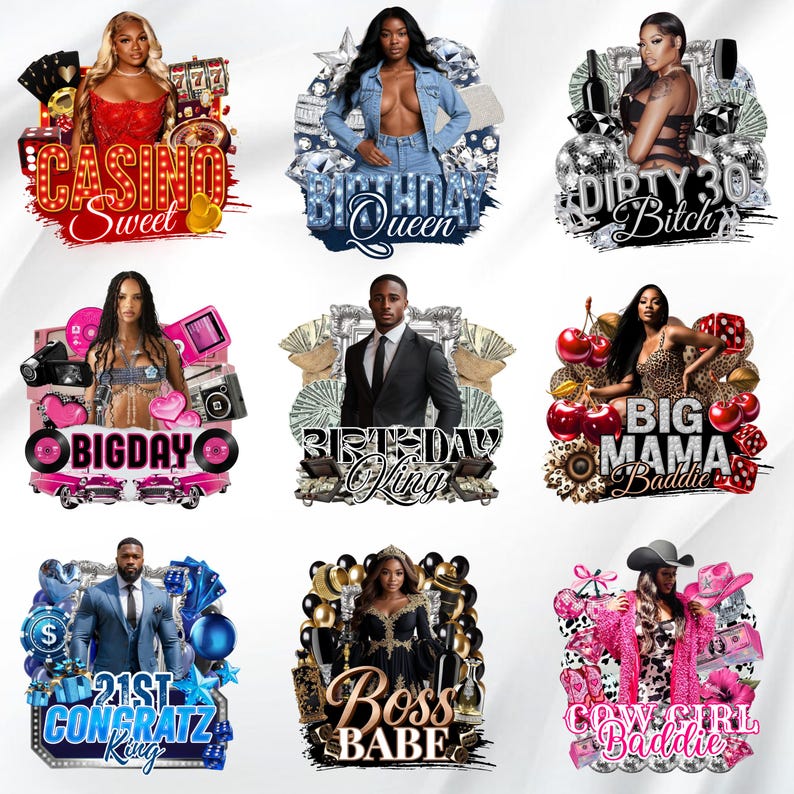Bundel verjaardag ontwerpsjabloon, 30+ verjaardagssticker, stickers piepschuim beker, T-shirtontwerpen, bewerkbare roze cheetah, cowgirl, casino, Y2k-ontwerp afbeelding 5
