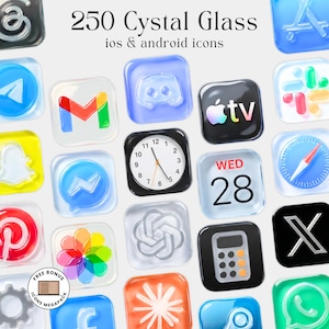 May include: A collection of 250 crystal glass app icons for iOS and Android, featuring various colorful, translucent, and glossy square designs with rounded corners, including symbols for mail, clock, calendar, and social media platforms.