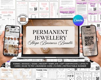 May include: A digital business bundle for permanent jewelry businesses. The image shows a laptop and two smartphones displaying jewelry designs and business forms. The bundle includes forms, invoices, signs, and marketing materials.