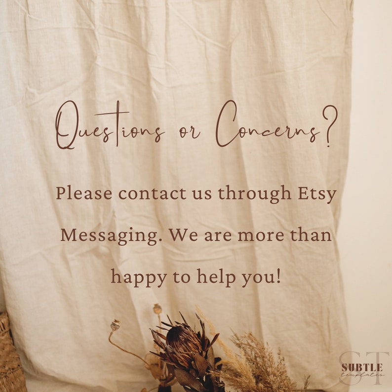 Puede incluir: Un tel&oacute;n de fondo de tela beige con texto que dice "&iquest;Preguntas o inquietudes? Por favor, p&oacute;ngase en contacto con nosotros a trav&eacute;s de Etsy Messaging. Estamos m&aacute;s que encantados de ayudarle!" El texto est&aacute; en fuente cursiva marr&oacute;n. Hay flores secas en la esquina inferior derecha de la imagen.