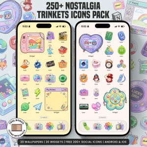 Puede incluir: Una pantalla digital de un paquete de más de 250 iconos de baratijas nostálgicas para teléfonos inteligentes, con dos pantallas que muestran iconos de aplicaciones, widgets y fondos de pantalla en tonos pastel con gráficos retro.